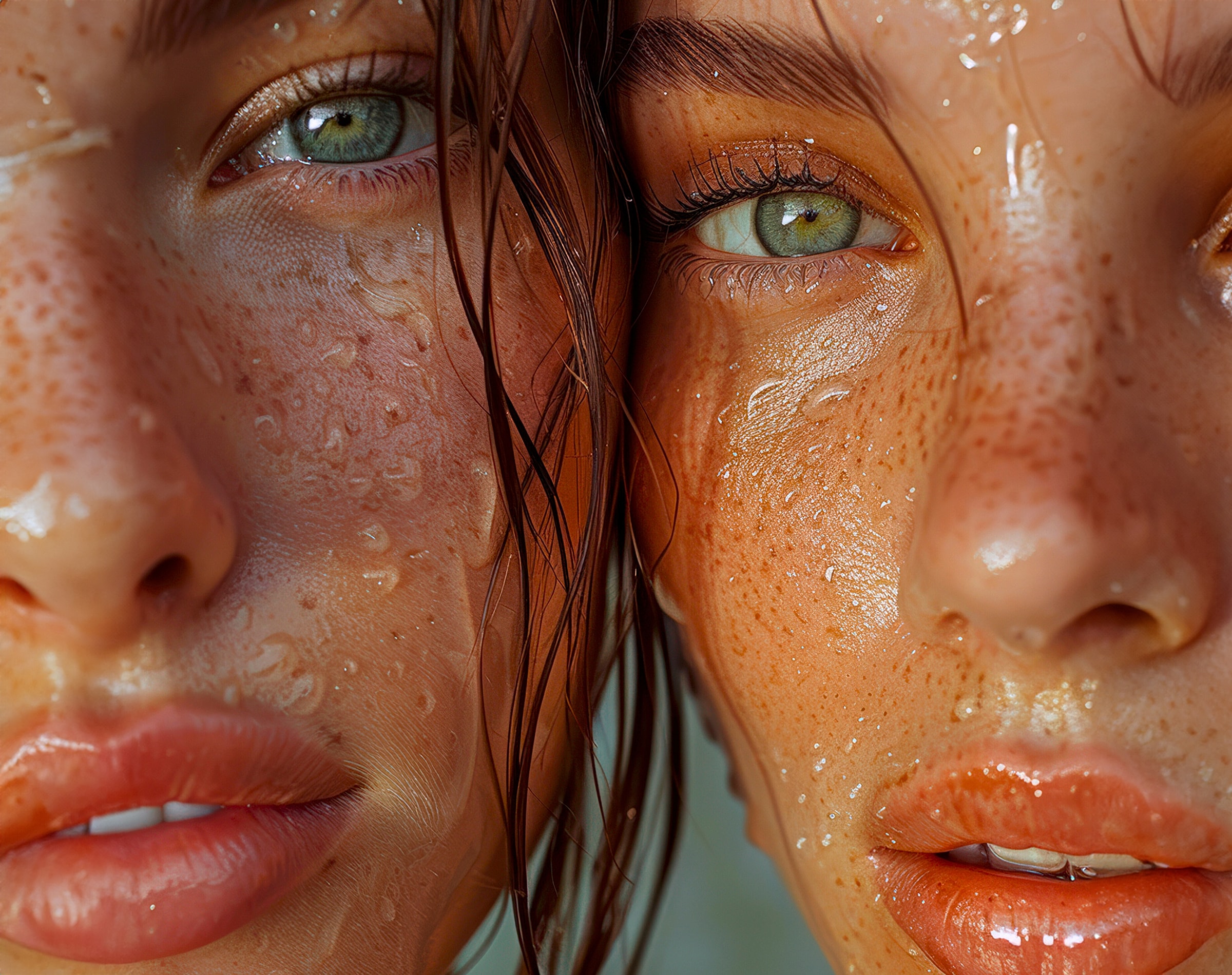 Close-up of two women with wet faces.